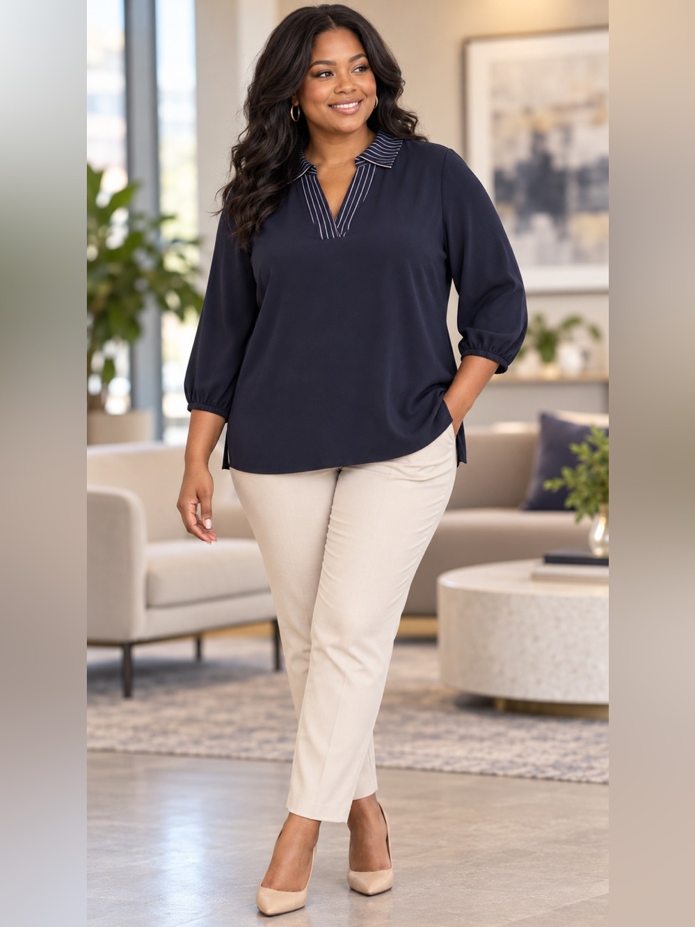 Adrianna Papell Navy Pinstripe Collar Stretch Tunic Blouse XL